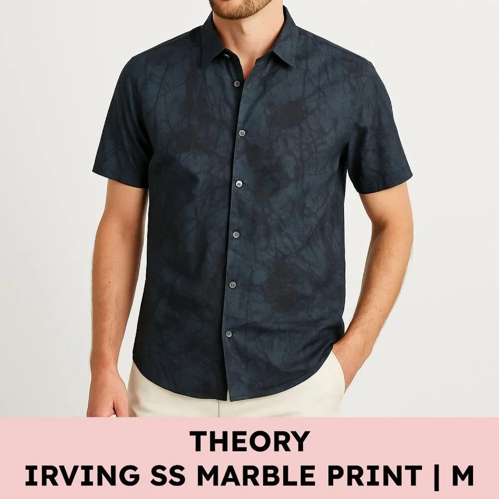 Theory Irving SS Marble Print Short Sleeve Cotton Shirt M Blue Gray - Picture 8 of 8